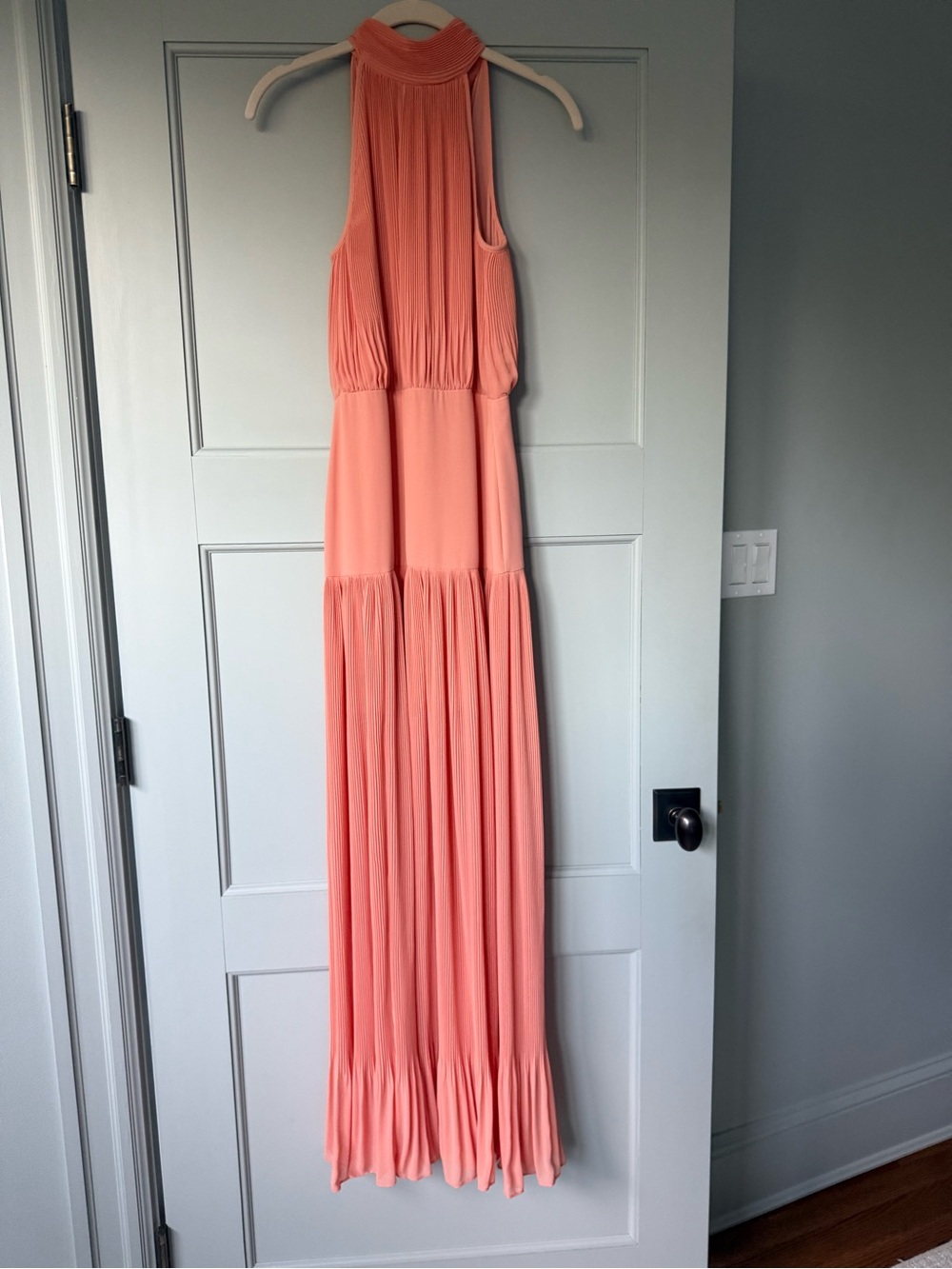 Veronica Beard Coral Halter Pleated Maxi Dress